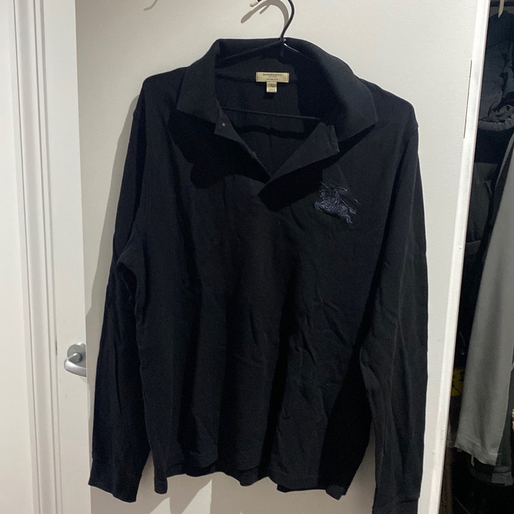 Men’s Burberry black long sleeved polo t-shirt in Large.